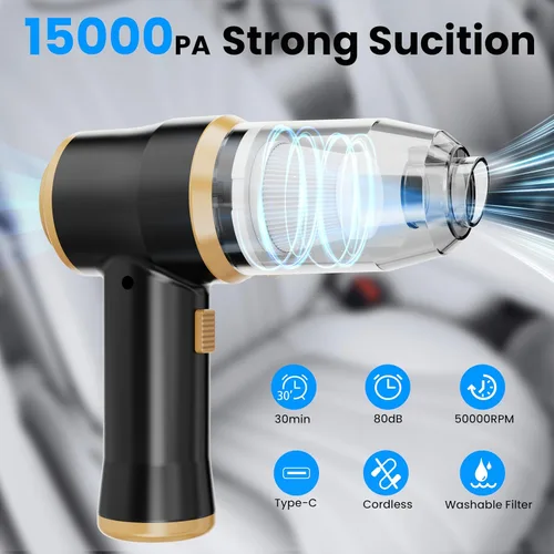 Vista 2 de Mini aspiradora de coche de 15000 Pa Aspiradora portátil inalámbrica de mano y plumero de aire con 2 filtros para automóvil, sofá, oficina, mascota
