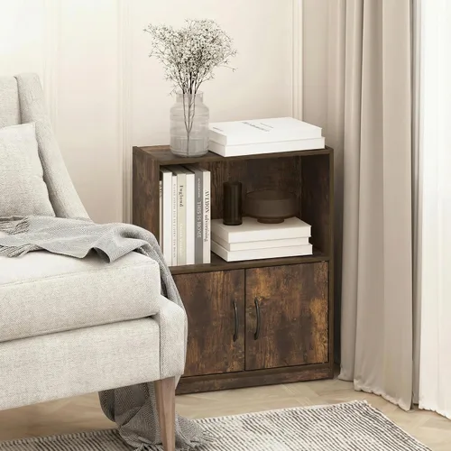 Vista 4 de Furinno Gruen - Estantería pequeña de 2 niveles, estantería con estante abierto y armario de almacenamiento de puertas, 9.3 x 21.8 x 27 pulgadas