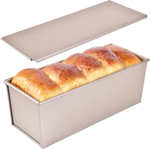 Vista 9 de Mini molde para pan Pullman con tapa, antiadherente rectangular de 0.25 kg, caja plana para tostar en horno (Oro champán)