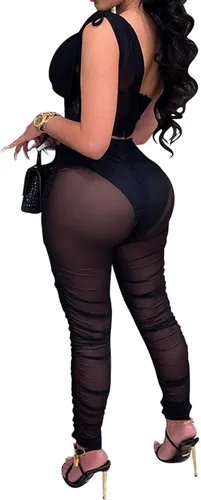 Vista 2 de Uni Clau - Overol de una pieza para mujer de malla de manga larga transparente fiesta