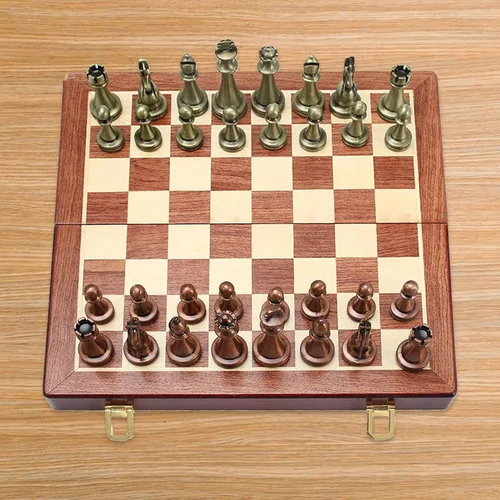 Vista 6 de Juego de ajedrez, grande de metal de lujo de ajedrez retro chapado en cobre aleación de ajedrez adulto juego de mesa portátil caja de madera
