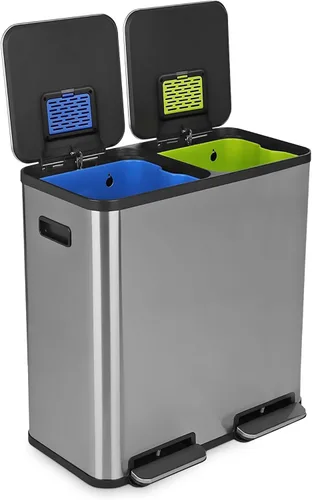Vista 10 de Cubo de basura rectangular de 70 litros/18.5 galones con pedal, sin contacto manual, doble compartimento para reciclaje de cocina, con tapa Acero