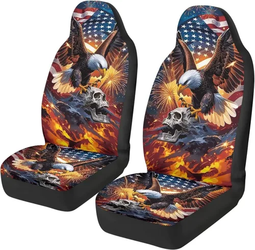 Vista 49 de Juego de 2 fundas de asiento delantero de automóvil, con diseño de bandera estadounidense, juego de 2 accesorios automotrices extraíbles, ajuste