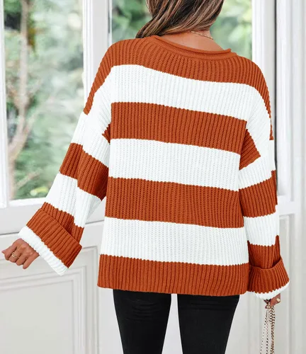 Vista 17 de ZESICA Suéter tejido sin botones de manga larga y cuello redondo, a rayas, bloques de color, cómodo, holgado, talla extragrande para mujer de 2024
