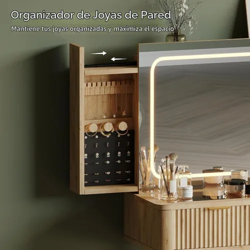 Vista 2 de Tocador de madera de 48 pulgadas con tapa de vidrio transparente, espejo Madera natural