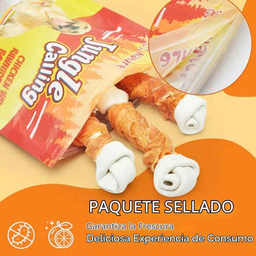 Vista 8 de Jungle Calling Huesos de perro sin cuero crudo, huesos masticables envueltos de pollo real de 6.5 pulgadas para perros medianos y grandes golosinas