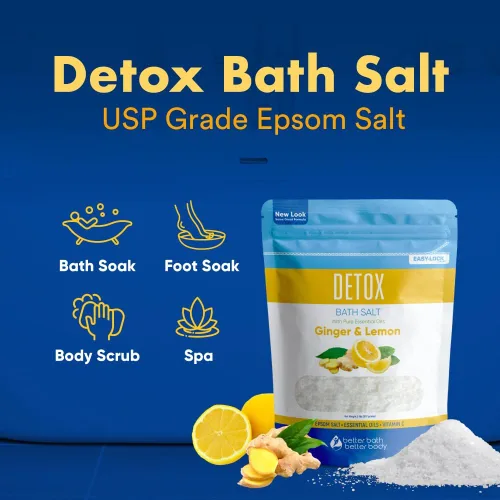 Vista 4 de Sales de epsom para baño desintoxicante, enjuague de aceites esenciales de jengibre y limón más vitamina C, 100% natural, sin perfumes, sin