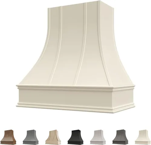 Vista 14 de Cubierta curvada para campana extractora de nogal americano con molduras decorativas, cubiertas de madera para campana extractora de pared, madera