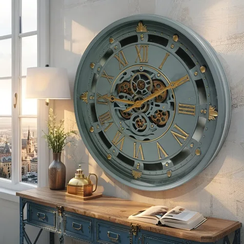 Vista 10 de ImprovingLife The Gears Clock - Reloj de pared de 26 pulgadas con engranajes móviles reales línea Bélgica con cubierta de cristal (azul, 26 pulgadas)