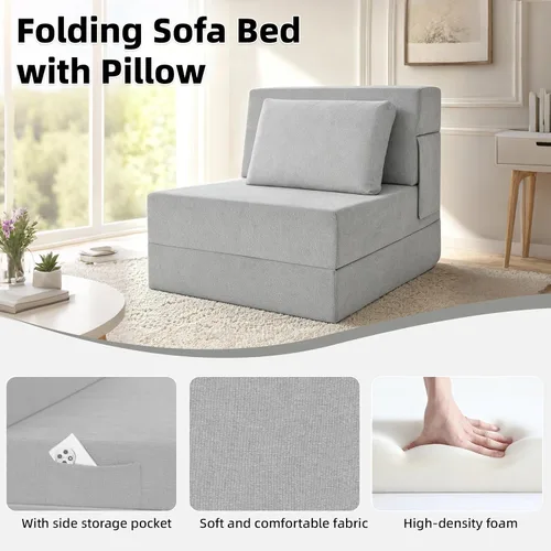 Vista 4 de Sofá cama plegable, silla convertible con almohada Gris claro