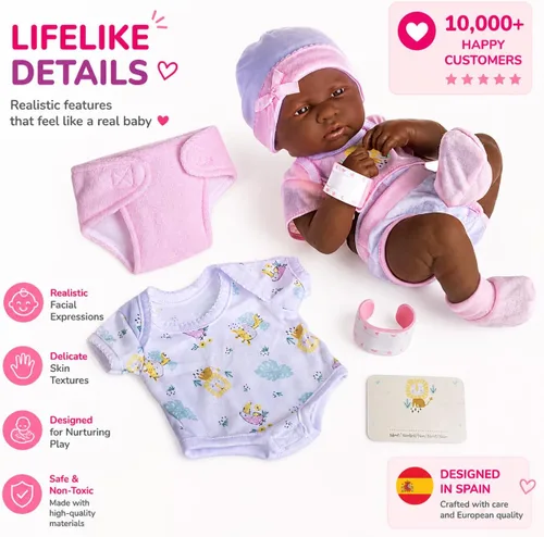 Vista 2 de JC Toys - Juego de regalo de 8 piezas de muñeca bebé Layette La Newborn Nursery Muñeca recién nacida afroamericana realista de 14 pulgadas
