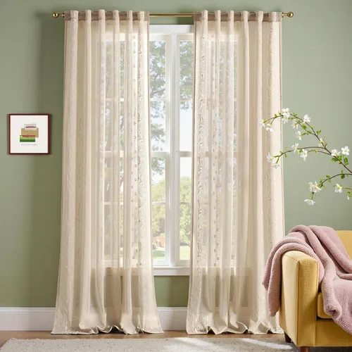 Vista 17 de jinchan Cortinas de lino floral marfil para sala de estar 84" pestaña