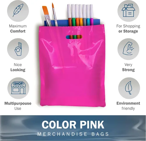 Vista 4 de PPB - Bolsas de plástico rosa de 9 x 12 pulgadas, acabado brillante, tamaño pequeño al por menor, paquete de 200, 1.5 mil de grosor, con asas