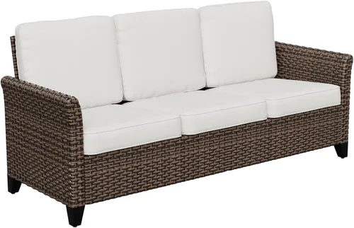 Vista 9 de COOS BAY Harbor Retreat - Sofá para exteriores, sofá de ratán de 3 plazas con cojines, muebles de patio pequeños para balcón o terraza, marrón/beige