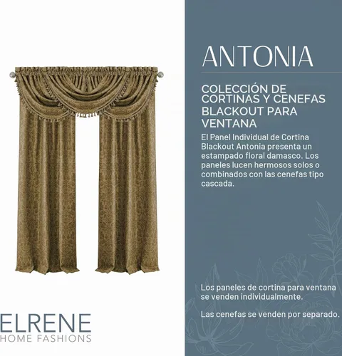 Vista 2 de Elrene Home Fashions Antonia Panel de Cortina Individual para Ventana con Diseño Floral de Damasco Opaca, 52"x84", Dorado Antiguo Oro envejecido