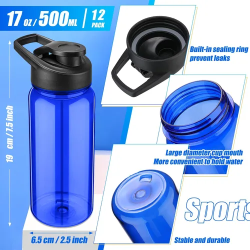 Vista 2 de Mimorou 12 botellas de agua de plástico a granel de 17 onzas, botellas deportivas reutilizables portátiles, paquete con asa para niños, adultos, Azul