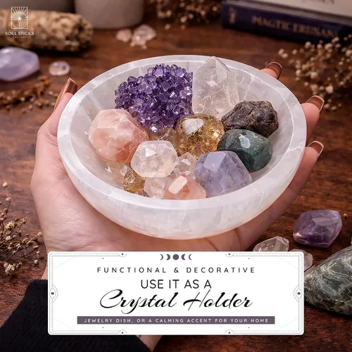 Vista 5 de Soul Sticks Cuencos de cristal de selenita para manchas, curación y recarga de cristales, cuenco de selenita pura y estación de carga de cristal