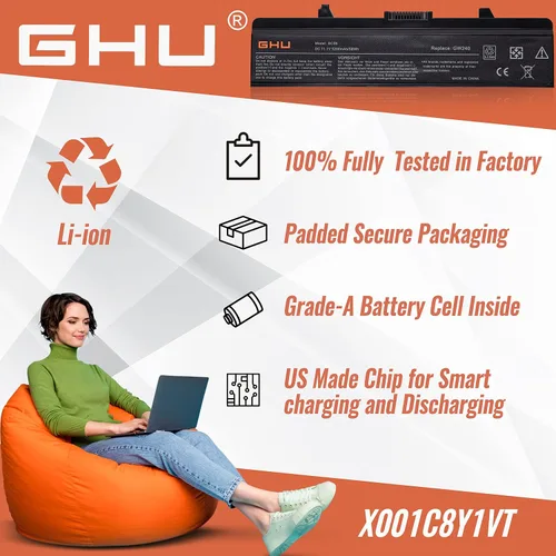 Vista 6 de GHU Nueva batería para laptop de 58 Wh de repuesto para K450N XR693 X284G RU586 RN873 GW240 M911G compatible con Dell Inspiron 1440 1750 1525 1526
