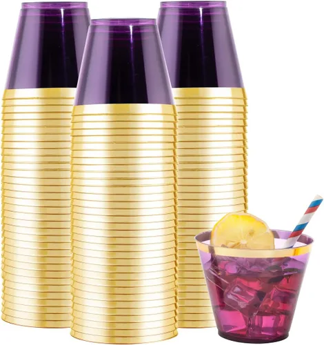 Vista 10 de LUODA 150 vasos de plástico azul, vasos desechables transparentes de 9 onzas con borde dorado, vasos de plástico con borde dorado, vasos de plástico