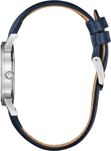 Vista 2 de Bulova Reloj clásico de cuarzo para mujer, acero inoxidable con correa de cuero azul, tono plateado (Modelo 96M146), AzulBlanco