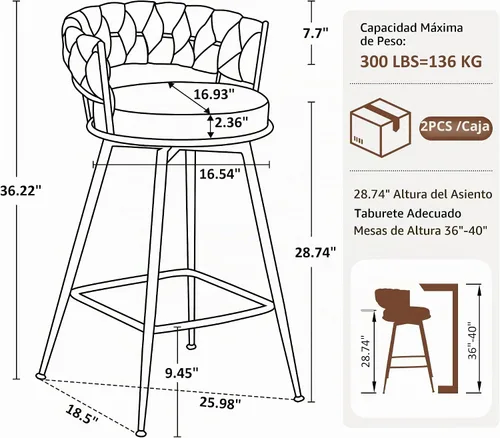 Vista 2 de Juego de 2 taburetes de bar tapizados para encimera de cocina, color beige