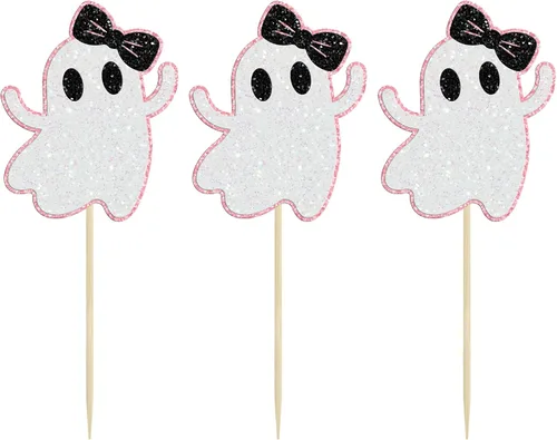 Vista 3 de Gyufise 24 adornos de fantasmas para cupcakes con purpurina rosa para Halloween, fantasma, baby shower, decoración de cupcakes, comida fantasma
