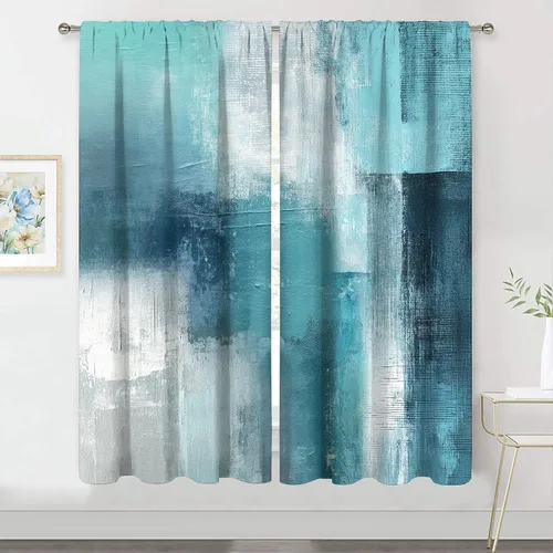 Vista 18 de MESHELLY Cortinas Rojas Abstractas 42Wx63H Pulgadas Bolsillo para Varilla Bloques Rústicos Borgoña Marrón Pintura al Óleo Casa de Campo Dormitorio
