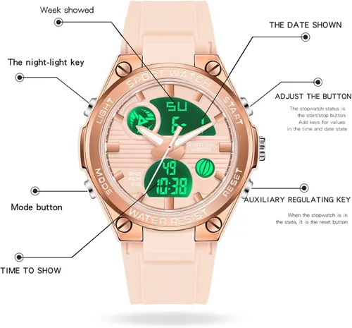 Vista 6 de Relojes de pulsera para mujer, digital, 5 bares, impermeables, con retroiluminación LED, correa colorida, alarma analógica