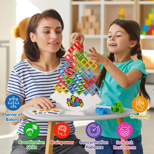 Vista 4 de WOWNOVA 48 piezas Torre Tetra, divertido juego de equilibrio y construcción de bloques para apilar para niños, adultos, amigos, equipo, aula