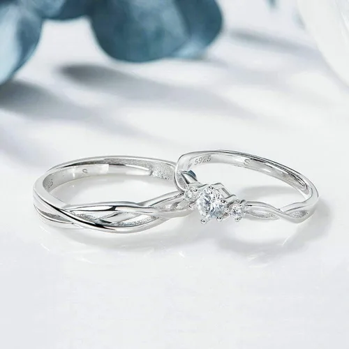 Vista 4 de I Love You His & Hers Anillos de Boda a Juego Ajustables CZ S925 de Plata de Ley Anillos para Pareja Customizable