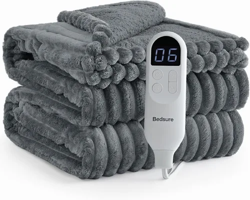 Vista 14 de Bedsure Manta eléctrica individual – Manta eléctrica de franela gruesa a rayas, calefacción con 6 ajustes de tiempo (hasta 10 horas), 6 ajustes