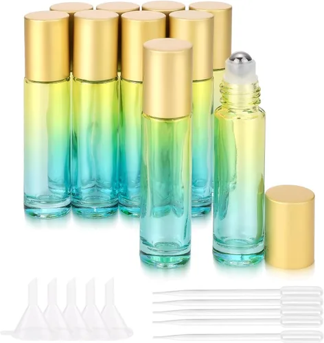 Vista 9 de Paquete de 10 botellas enrollables de aceite esencial de 0.3 fl oz (0.3 fl oz), con bolas enrollables de acero inoxidable y tapa morada, 5 goteros +