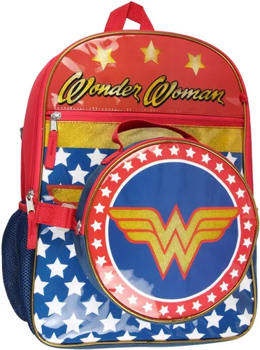 Vista 2 de DC Comics Wonder Woman mochila para almuerzo, estuche para lápices, cordón, juego de 5 piezas