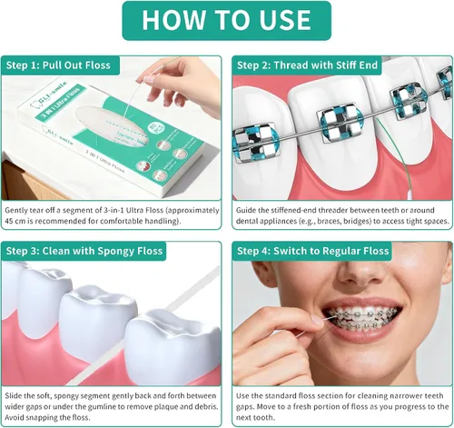 Vista 4 de Hilo dental 3 en 1, hilo dental definitivo, hilo dental con enhebrador, hilo dental de puente, para retenedor, frenos, ortodoncia, hebras