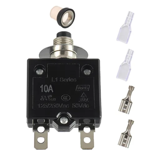 Vista 9 de Disyuntor de botón de reinicio manual 8A, 125/250 V CA, 50 V, CC, protector de sobrecarga térmica con terminales de conexión rápida y tapas de botón