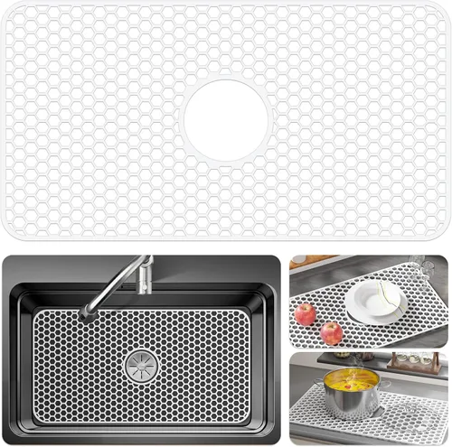 Vista 38 de Bestjing Paquete de 2 protectores de silicona para fregadero de cocina, accesorio de rejilla de cocina de 12 x 11 pulgadas, tapete antideslizante