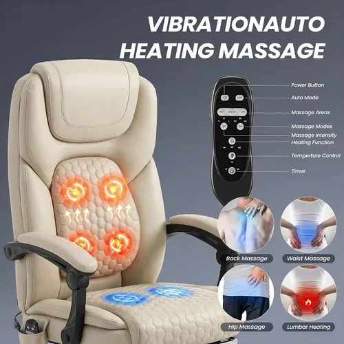 Vista 4 de MALOL Silla de oficina de masaje de 300 libras, silla de escritorio grande y alta con 3 niveles de calor y reposapiés, silla ejecutiva ergonómica