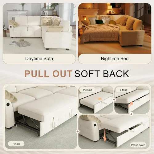 Vista 5 de Hanherry - Sofá seccional con sofá cama extraíble, sofá cama de chenilla con 2 asientos de almacenamiento y carga USB, cómodos sofás modulares