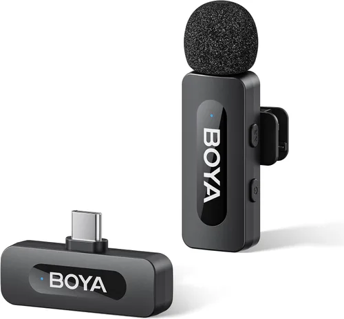 Vista 9 de BOYA by-V1 Micrófonos inalámbricos para iPhone iPad con puerto Lightning certificado MFi, rango de 328 pies, vida de batería de 9H, reducción