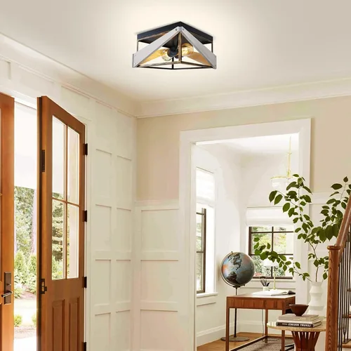 Vista 7 de Lámpara de techo industrial empotrada de 2 luces, lámpara de techo cuadrada de metal y madera, para cocina, pasillo, comedor, entrada, balcón