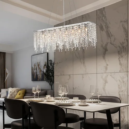 Vista 8 de Candelabro rectangular de cristal con forma de gota de lluvia, lámpara colgante moderna para colgar sobre la mesa para comedor, restaurantes, isla