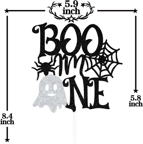 Vista 2 de Decoración negra para tartas "I'm One" con purpurina negra, The Spooky One/Baby Boo, decoración de fiesta de baby shower con temática de Halloween