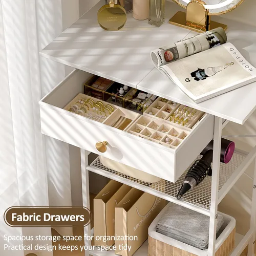 Vista 6 de 3IngSeagulls Escritorio pequeño sin espejo, mesa de tocador de maquillaje para espacios pequeños, tocador blanco compacto con cajones de tela