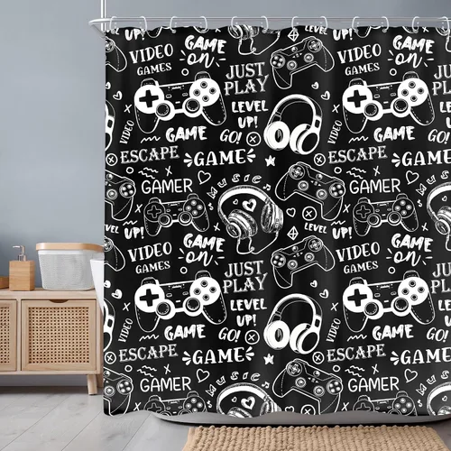 Vista 2 de Newsely Cortina de ducha para niños, 60 pulgadas de ancho x 72 pulgadas de alto, juego de cortina de ducha para videojuegos, videojuegos