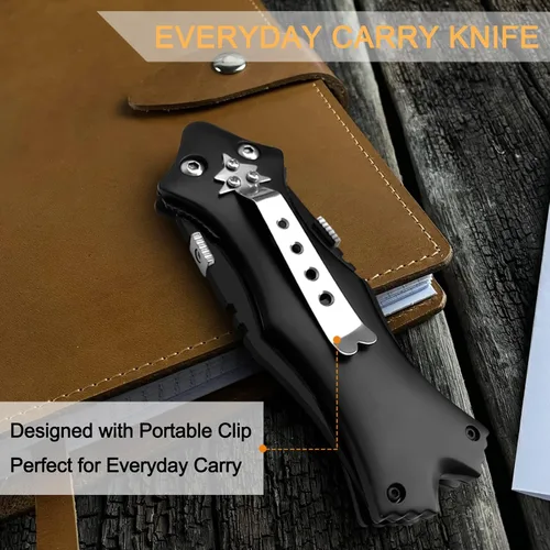 Vista 3 de MADSABRE Cuchillo de bolsillo de doble hoja genial de 8.5", cuchillo plegable de camping con clip y mango de aluminio, herramientas de supervivencia
