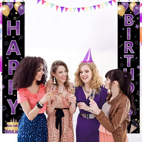 Vista 5 de Cartel de feliz cumpleaños de color morado dorado para mujeres y niñas, letrero de feliz cumpleaños morado, suministros de fiesta, 16, 21, 30, 40