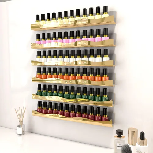 Vista 4 de YMVV Estantes de esmalte de uñas montados en la pared, estante organizador de esmalte de uñas con acabado de espejo dorado de 5 pulgadas, estante