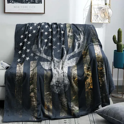 Vista 10 de Mantas Personalizadas de Caza de Ciervos con Nombre, Regalo Personalizado de Caza para Hombres, Manta de Franela con Bandera de Ciervo Camuflaje