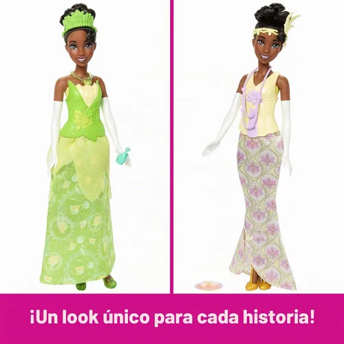 Vista 8 de Mattel Disney Princess Toys, muñeca de moda Tiana con 2 estilos, 9 accesorios, 2 corpiños a presión y 2 faldas, historias 2 en 1 inspiradas