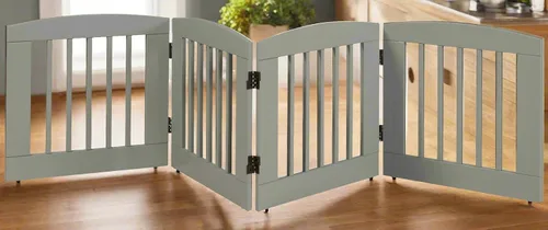 Vista 2 de BarkWood - Puerta independiente de madera para mascotas, expansión de 4 paneles, tamaño mediano, 24 pulgadas de alto, acabado gris